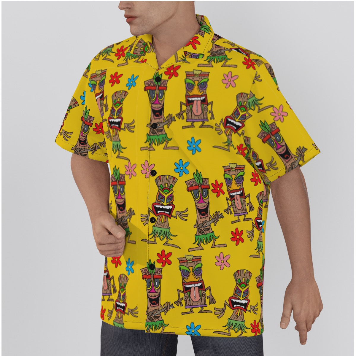 Yellow Tiki All-Over Print Men's Hawaiian Shirt With Button Closure