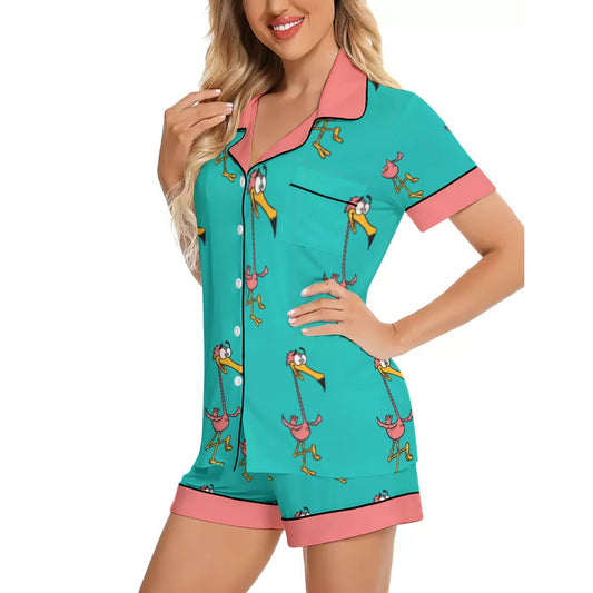 Flamingo All-Over Print Women's Imitation Silk Pajama Set With Short Sleeve